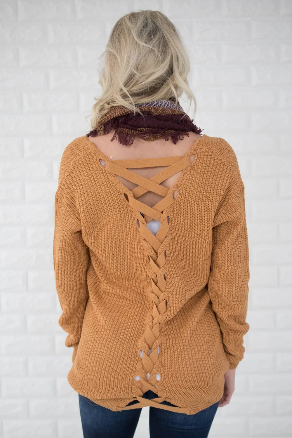 Mustard Knit Back Lace Sweater