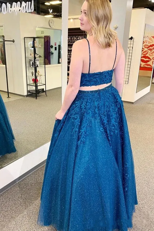 Mykonos Blue Sparkly Two Pieces Appliqued Spaghetti Straps Prom Dress, SP651