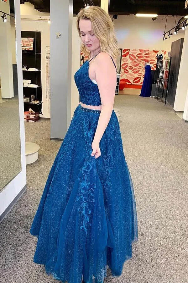Mykonos Blue Sparkly Two Pieces Appliqued Spaghetti Straps Prom Dress, SP651