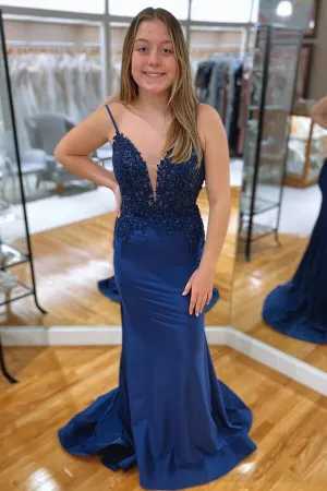 Navy Blue Satin Mermaid V Neck Rhinestone Prom Dresses, Evening Dress, MP943