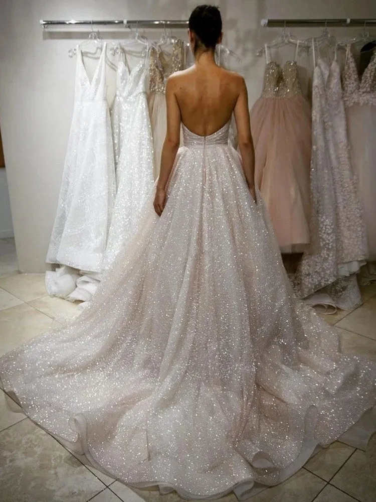 Newest Sweetheart Strapless Backless Long Sparkly Prom Dresses, PD0839