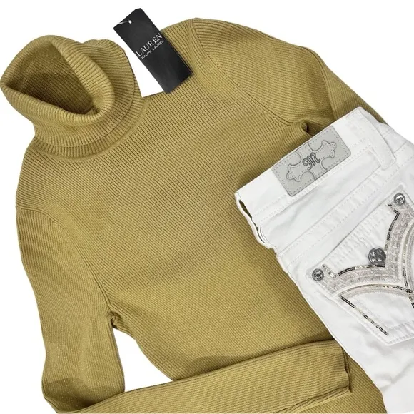 NWT $100 LAUREN Ralph Lauren Gold Ribbed Knit Turtleneck w/Hint of Metal…