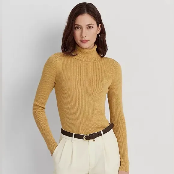 NWT $100 LAUREN Ralph Lauren Gold Ribbed Knit Turtleneck w/Hint of Metal…