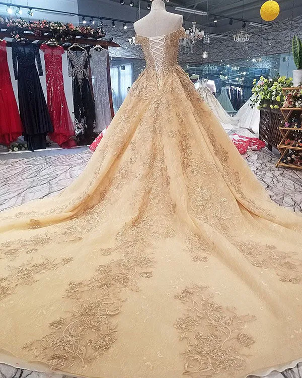 Off The Shoulder Ball Gown Wedding Dresses with Cap Sleeves 2018 Gold Lace Bridal Gowns Beadings