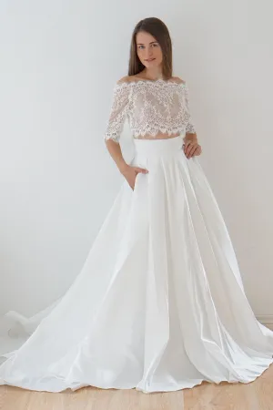 Off-The-Shoulder Lace A-Line Satin Two-Piece Wedding Dress With Sweep Train-715011