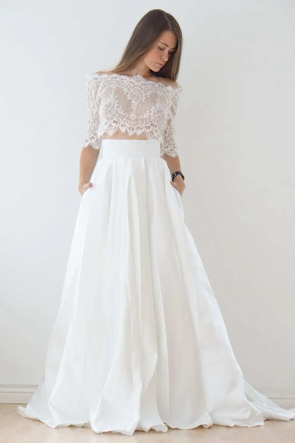 Off-The-Shoulder Lace A-Line Satin Two-Piece Wedding Dress With Sweep Train-715011