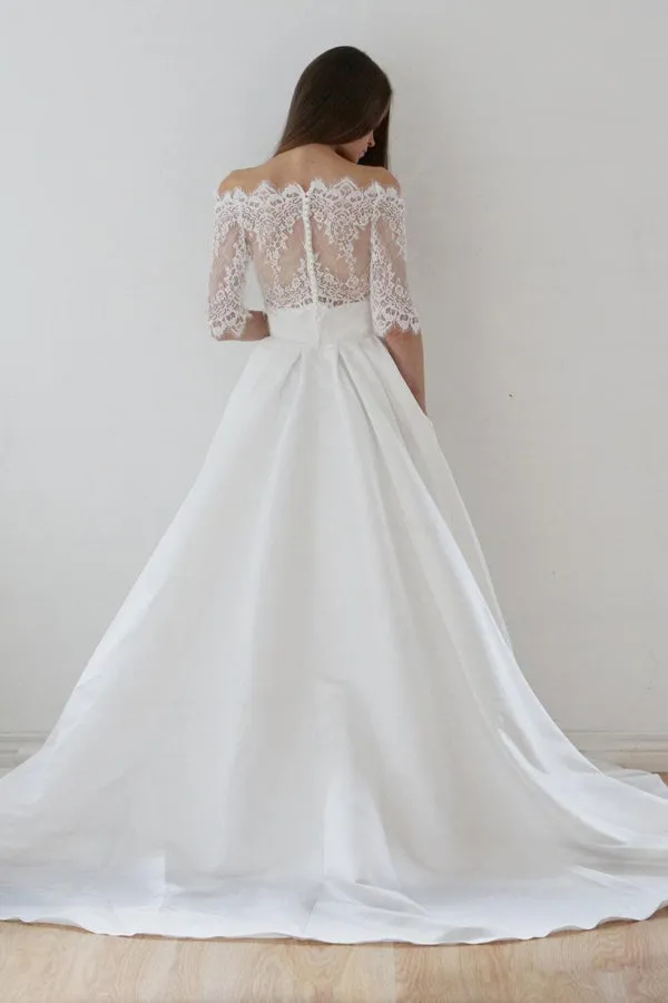 Off-The-Shoulder Lace A-Line Satin Two-Piece Wedding Dress With Sweep Train-715011