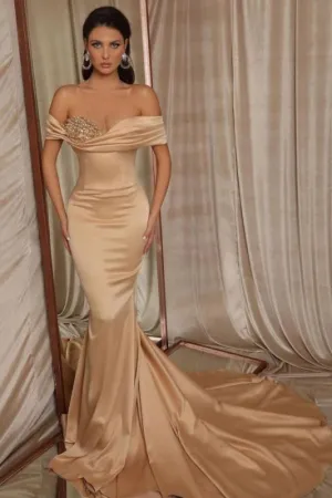 Off-the-Shoulder Long Mermaid Prom Dresses with Glitter Satin Party Gown