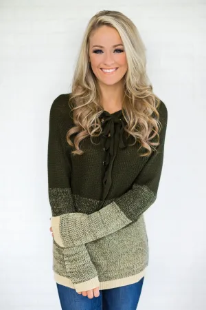 Ombre Lace Up Olive Sweater