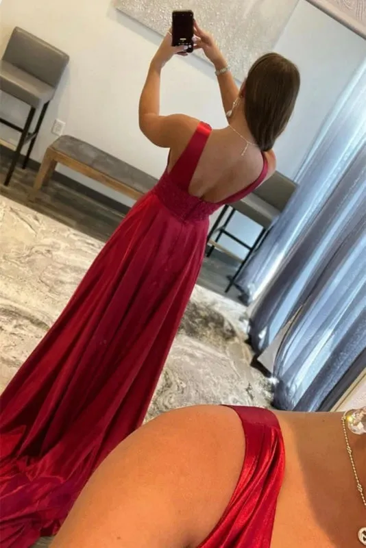 Open Back V Neck Burgundy Long Prom Dresses with High Slit, V Neck Burgundy Formal Graduation Evening Dresses