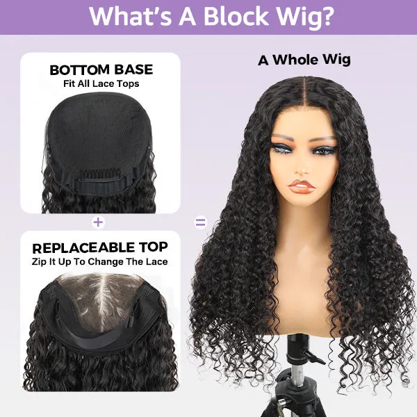 OQ Hair Block Wig Water Wave Bleached Knots Wig With Optional Replaceable Zip Lace Tops