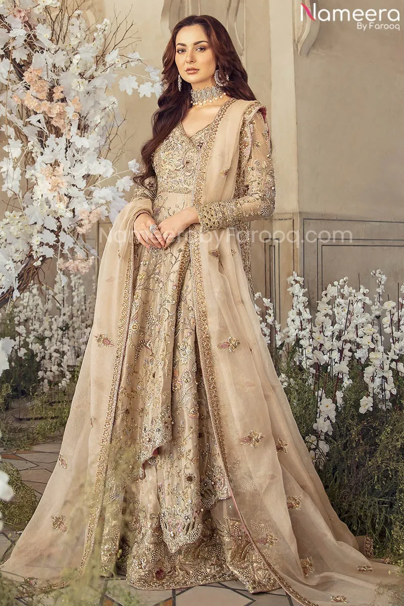Pakistani Designer Golden Bridal Lehnga Gown #BN867