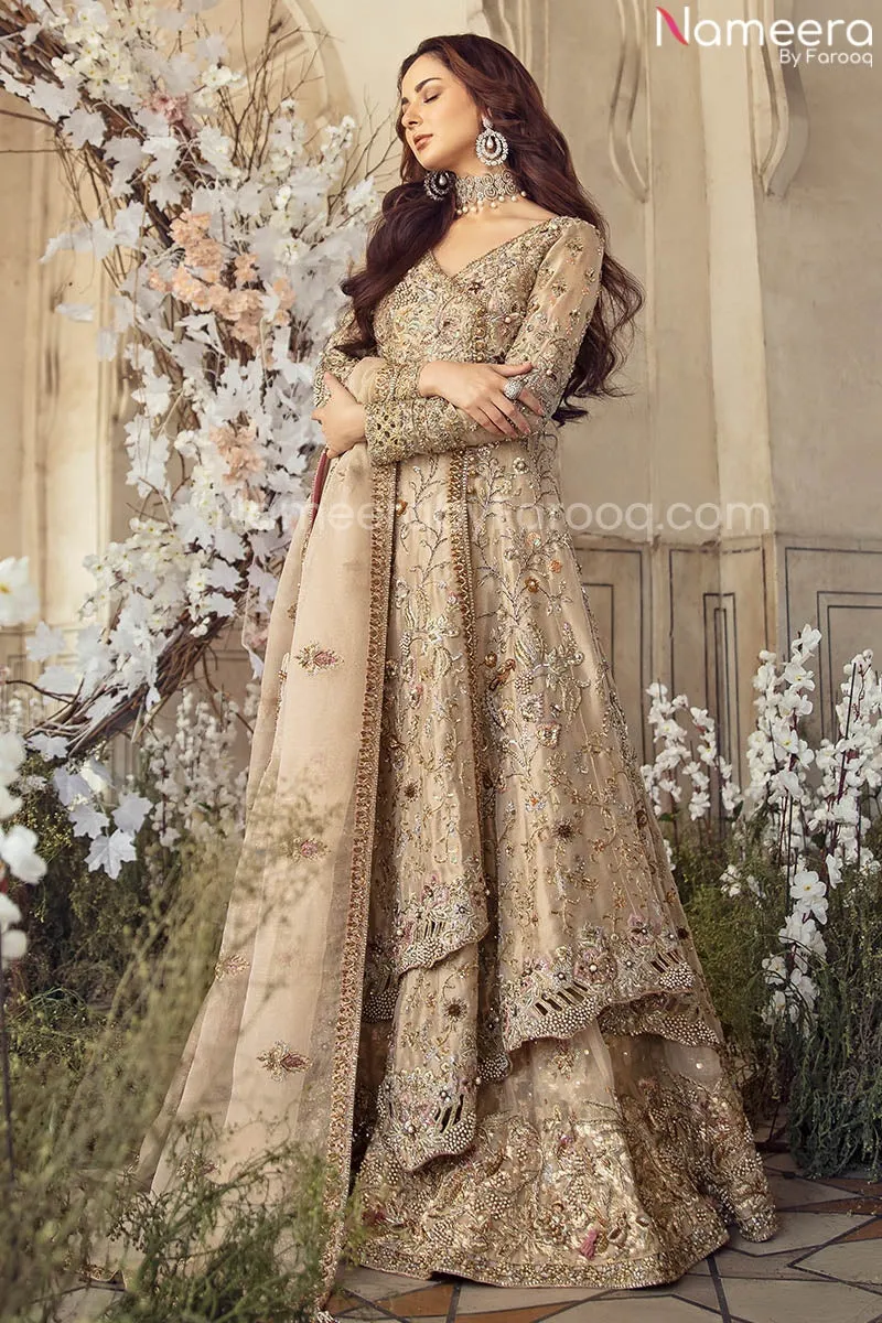 Pakistani Designer Golden Bridal Lehnga Gown #BN867