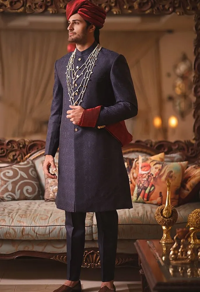 Pakistani Men Blue Sherwani with Dupatta Shawl #GN73
