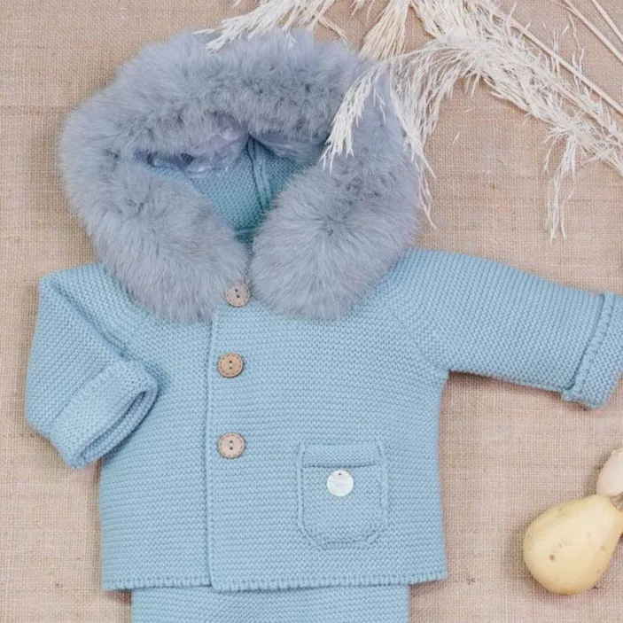 Pangasa Blue Fur Hood Knitted Jacket