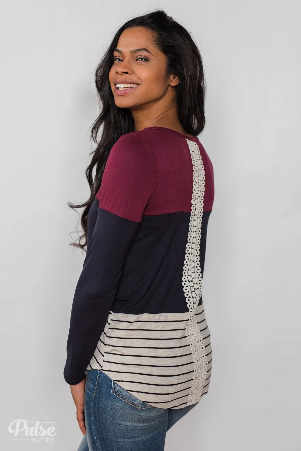 Party in the Back Lace Detail Top- Maroon & Navy