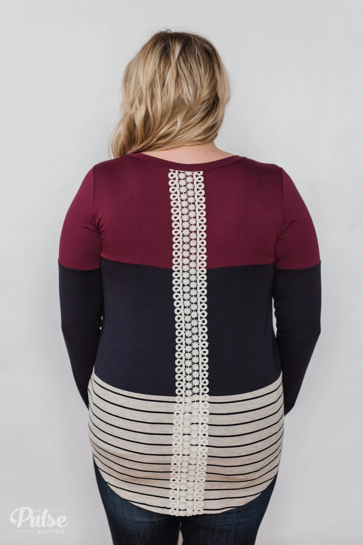 Party in the Back Lace Detail Top- Maroon & Navy