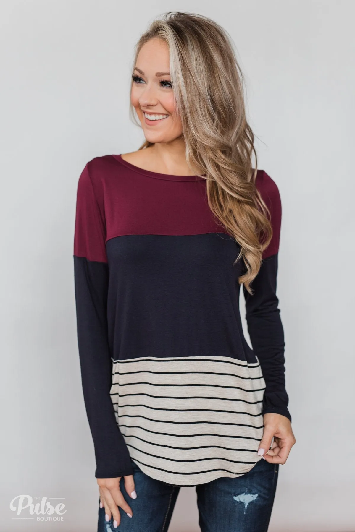 Party in the Back Lace Detail Top- Maroon & Navy