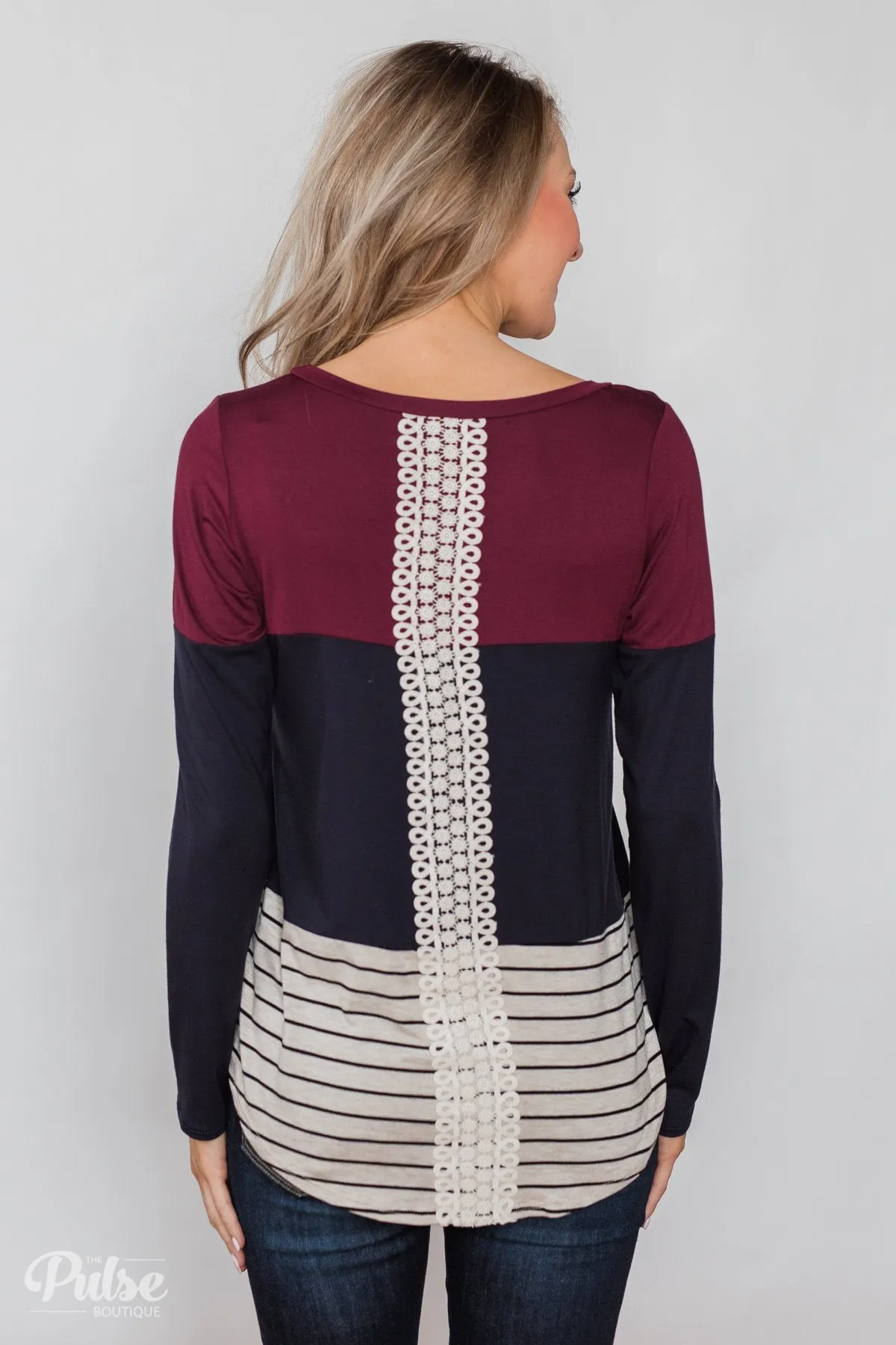 Party in the Back Lace Detail Top- Maroon & Navy