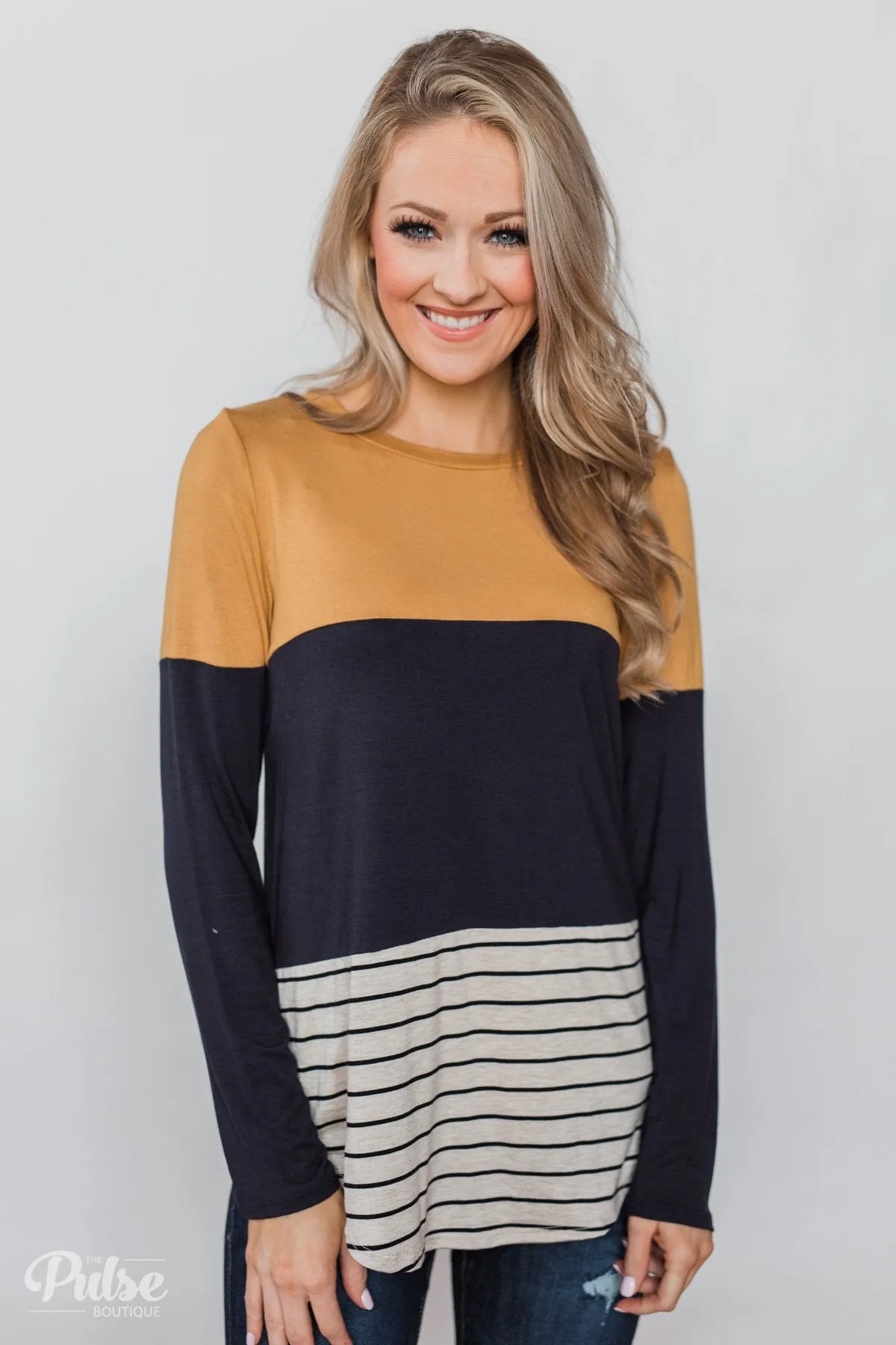 Party in the Back Lace Detail Top- Mustard & Navy