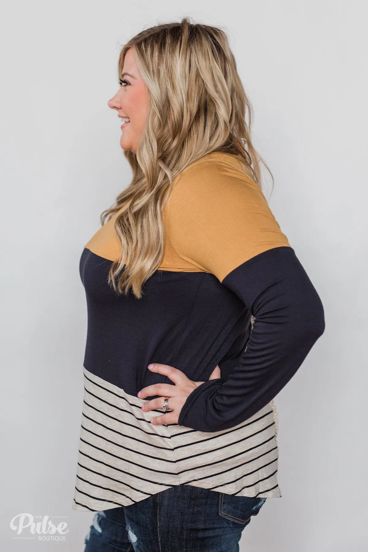 Party in the Back Lace Detail Top- Mustard & Navy
