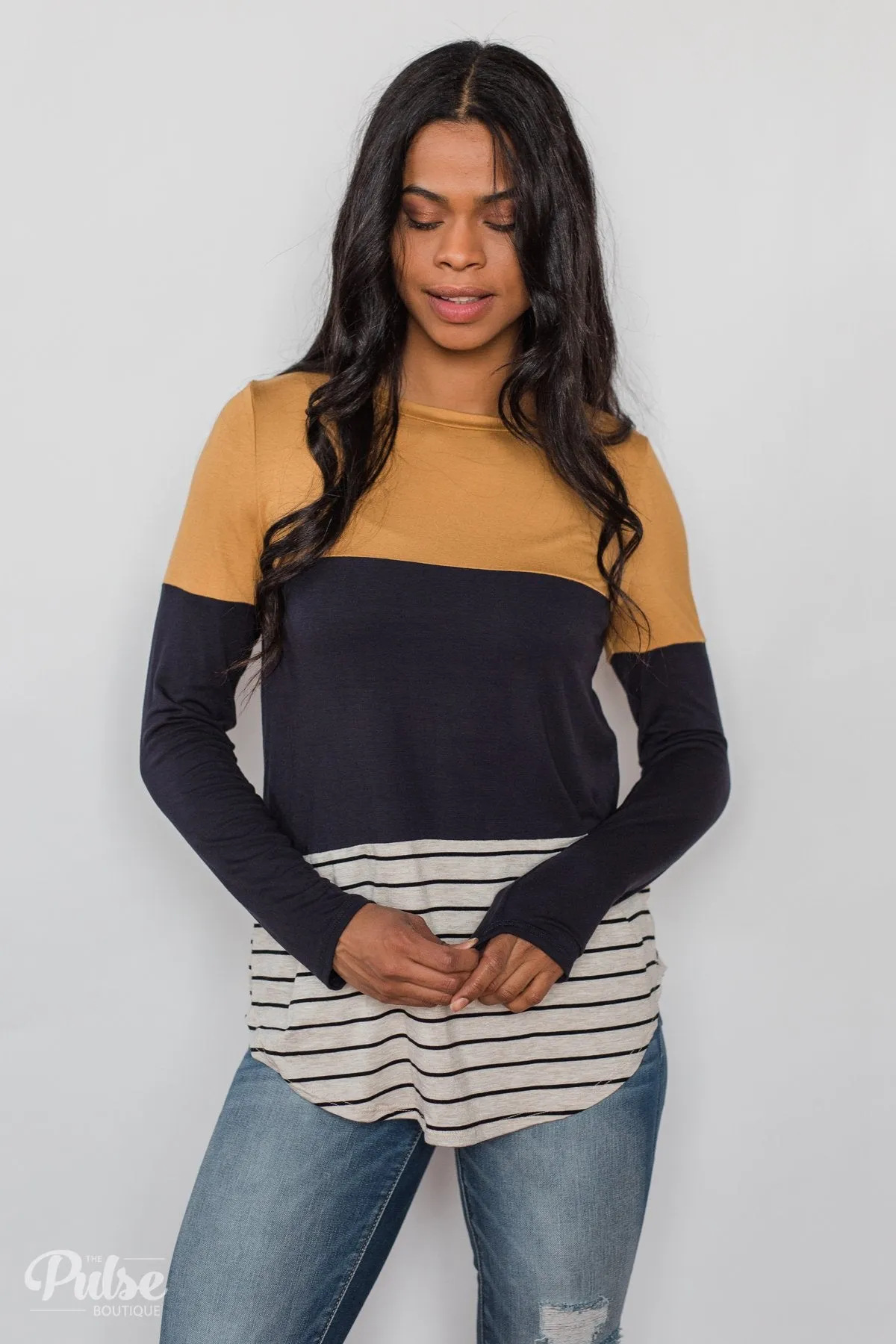 Party in the Back Lace Detail Top- Mustard & Navy
