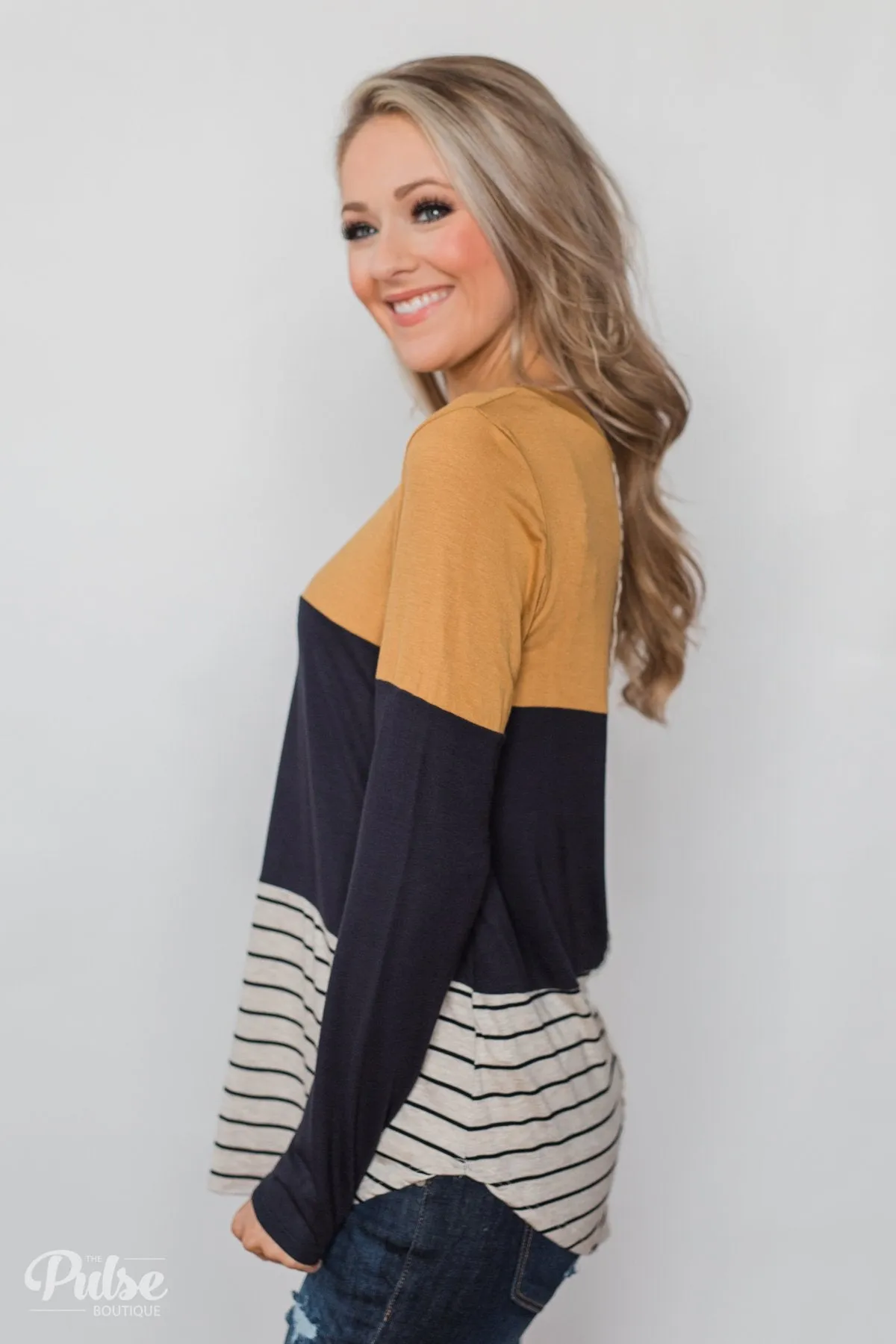 Party in the Back Lace Detail Top- Mustard & Navy
