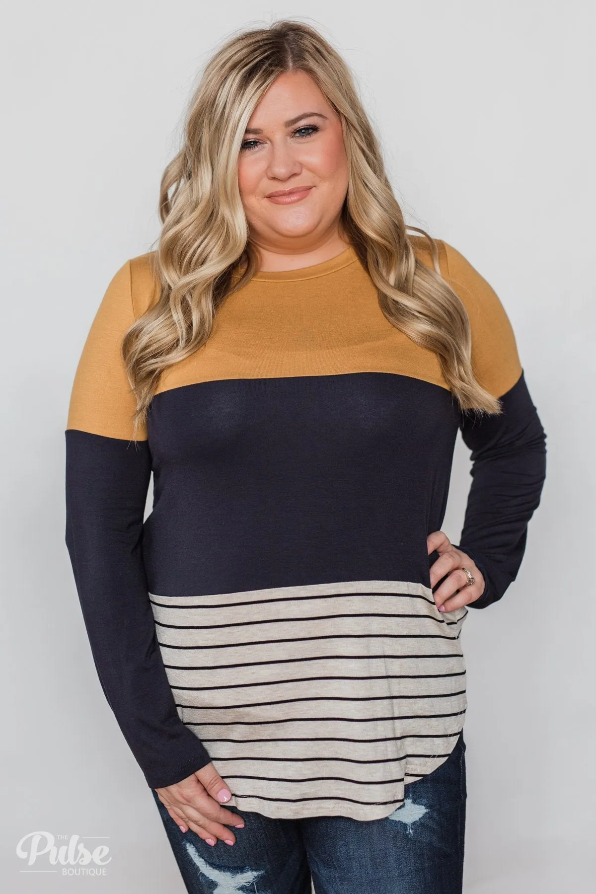 Party in the Back Lace Detail Top- Mustard & Navy
