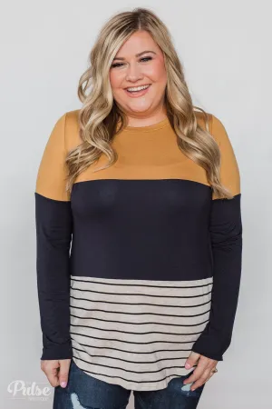 Party in the Back Lace Detail Top- Mustard & Navy