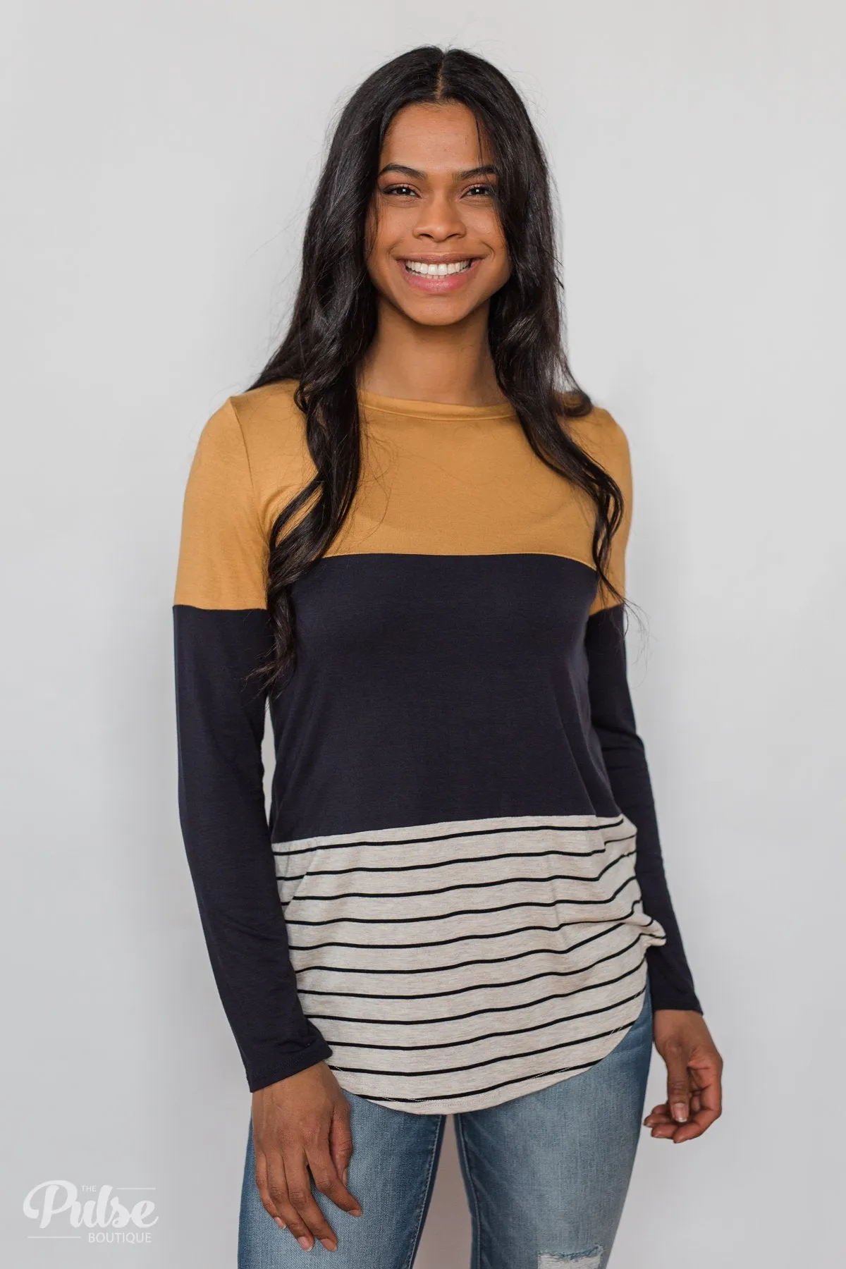 Party in the Back Lace Detail Top- Mustard & Navy