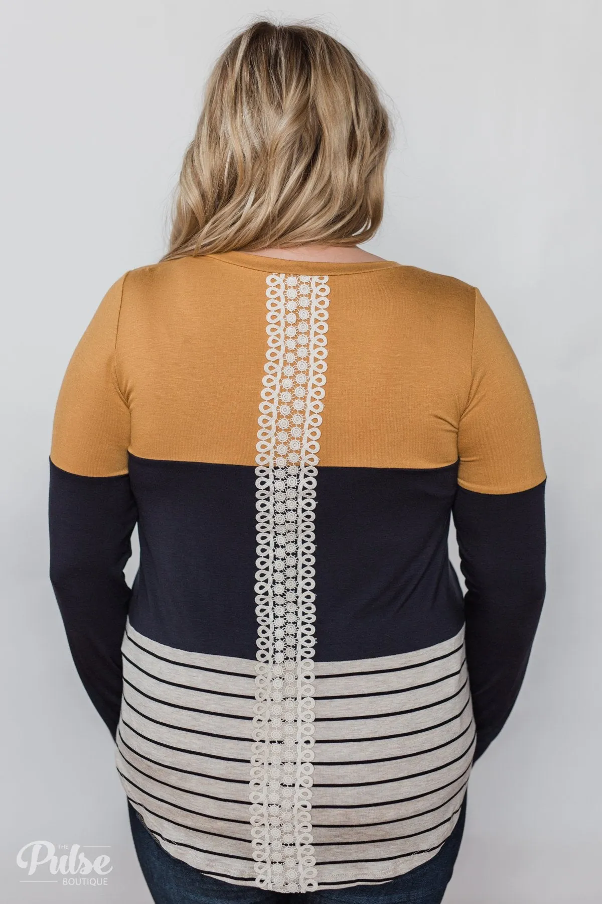 Party in the Back Lace Detail Top- Mustard & Navy