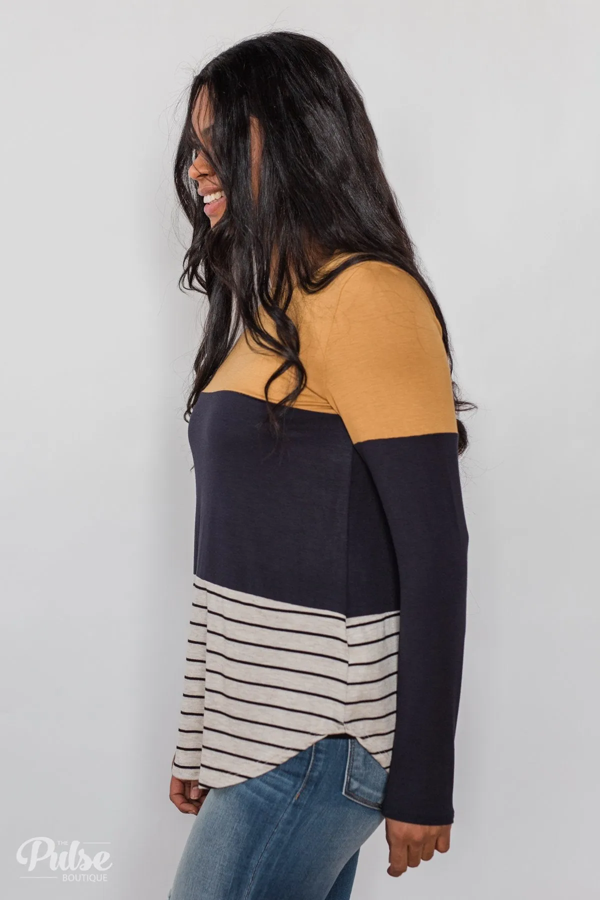 Party in the Back Lace Detail Top- Mustard & Navy