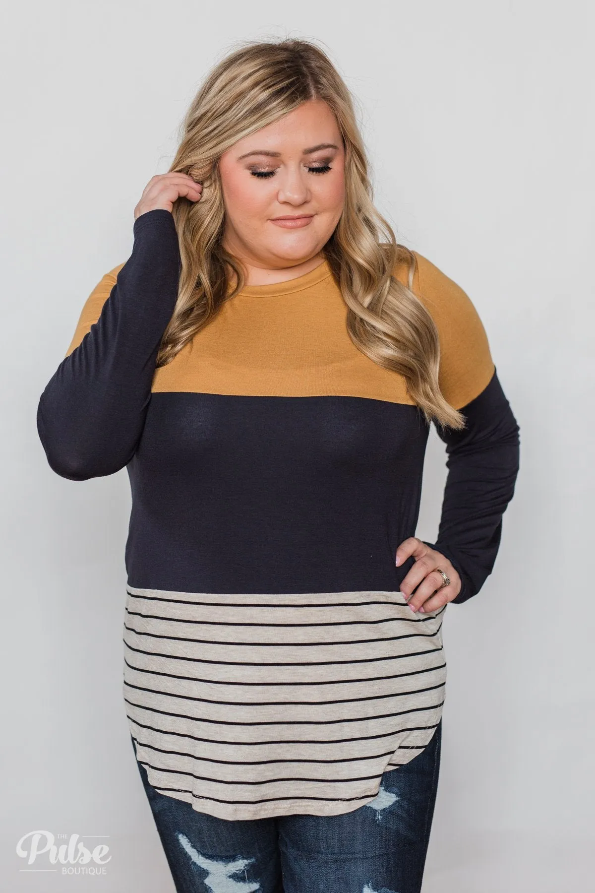 Party in the Back Lace Detail Top- Mustard & Navy