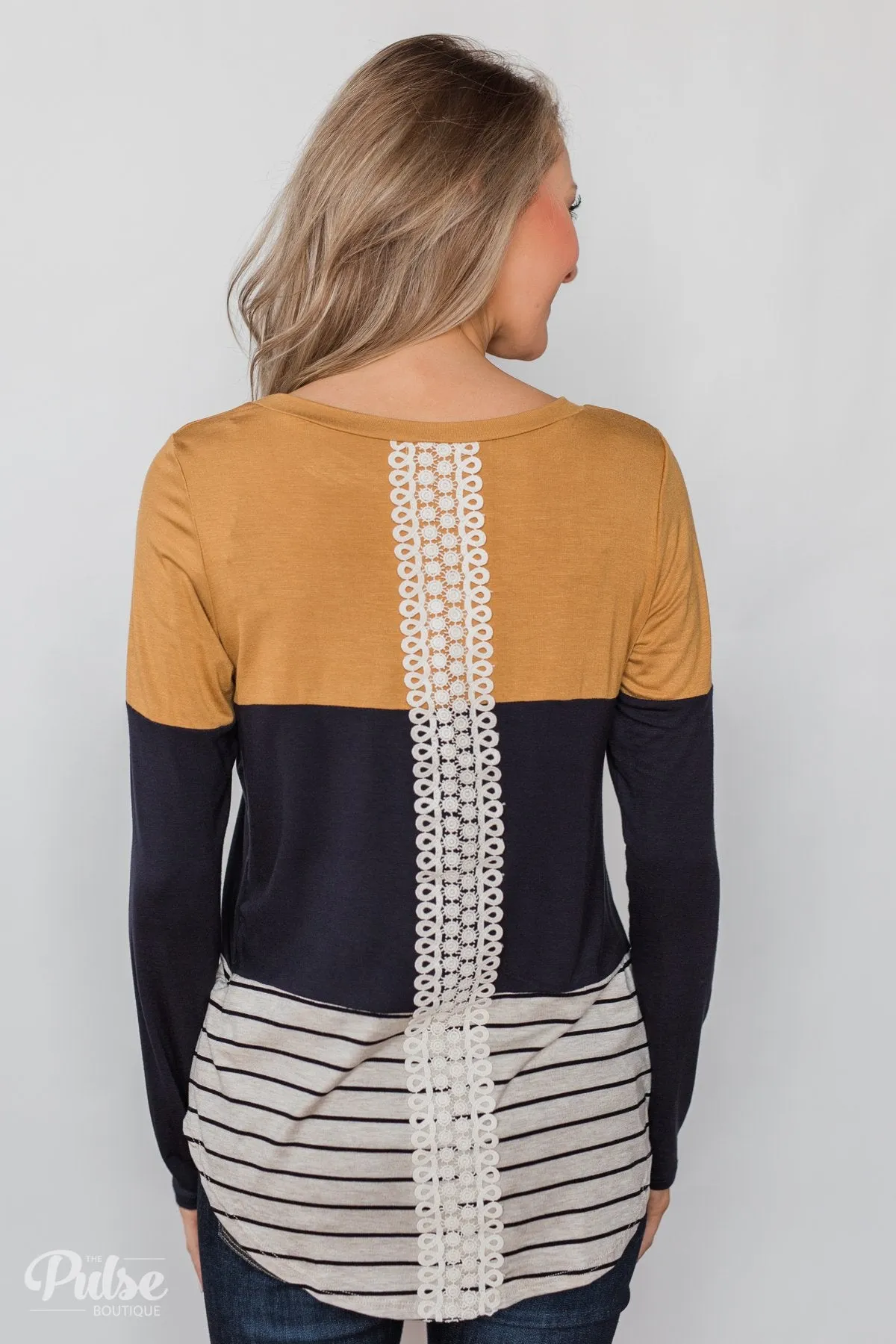 Party in the Back Lace Detail Top- Mustard & Navy