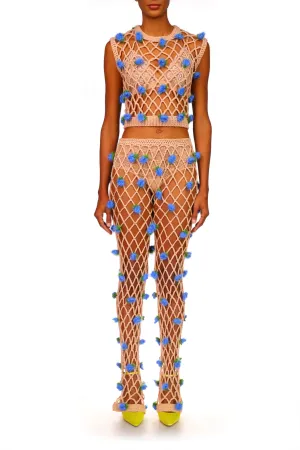 Peach Hand Cochet Top With Blue Flowers