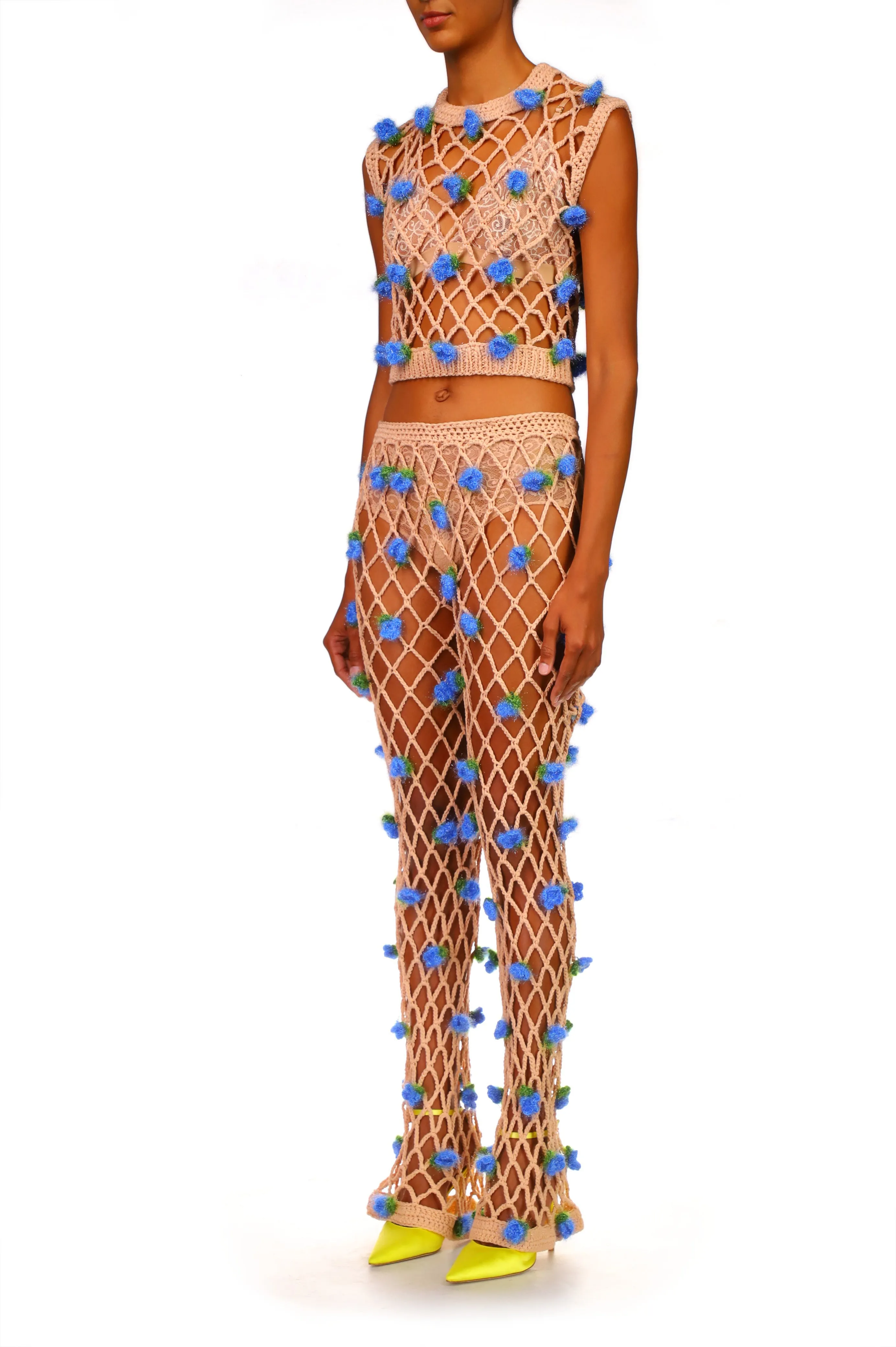 Peach Hand Cochet Top With Blue Flowers