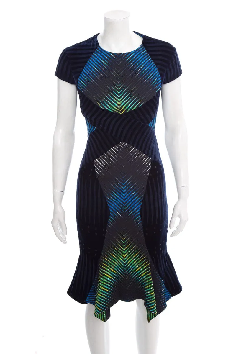 Peter Pilotto Blue Stripe and Velvet Short Sleeve Dress SZ 6