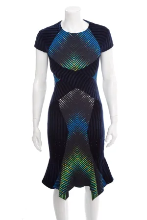 Peter Pilotto Blue Stripe and Velvet Short Sleeve Dress SZ 6