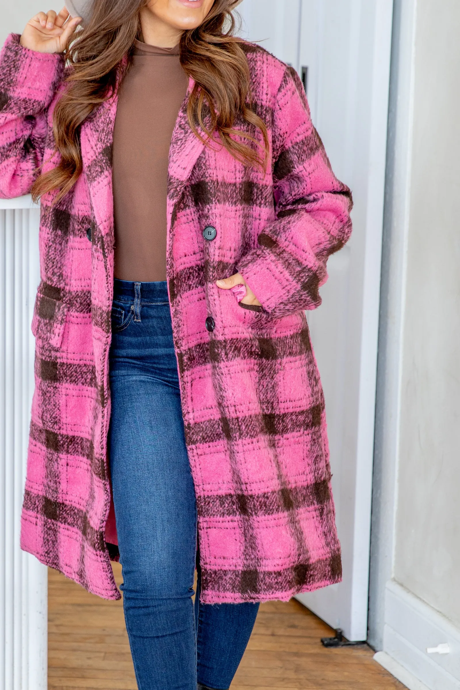 Pink and Brown Plaid Long Jacket