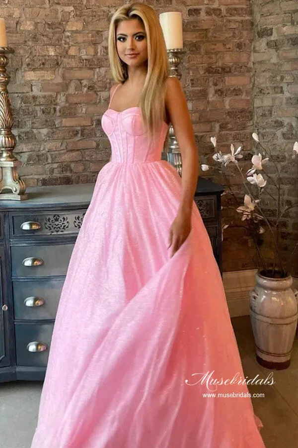 Pink Shiny Tulle A-line Spaghetti Straps Sweetheart Long Prom Dresses, MP883