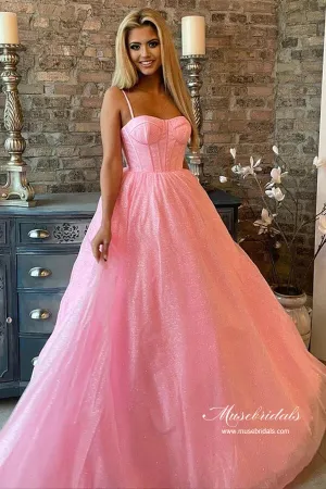 Pink Shiny Tulle A-line Spaghetti Straps Sweetheart Long Prom Dresses, MP883