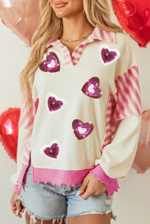 Pink Stripe Patchwork Sequin Heart Pattern Long Sleeve Collared Split Top