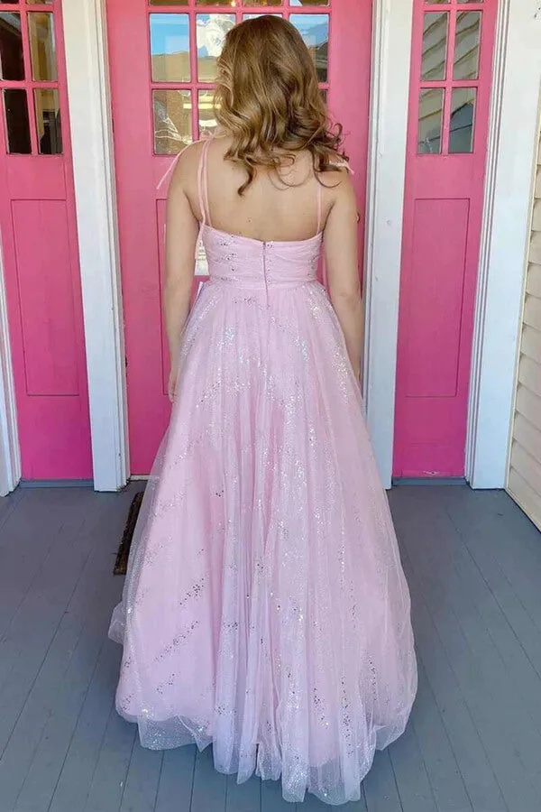 Pink Tulle Sweetheart Neck Long Prom Dresses, Long Formal Dresses, MP828