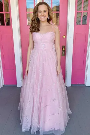 Pink Tulle Sweetheart Neck Long Prom Dresses, Long Formal Dresses, MP828