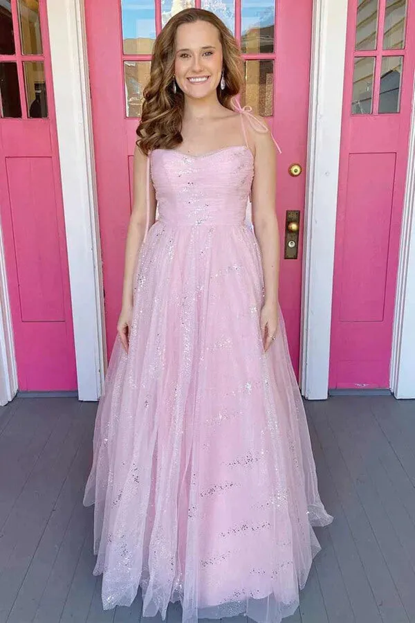 Pink Tulle Sweetheart Neck Long Prom Dresses, Long Formal Dresses, MP828