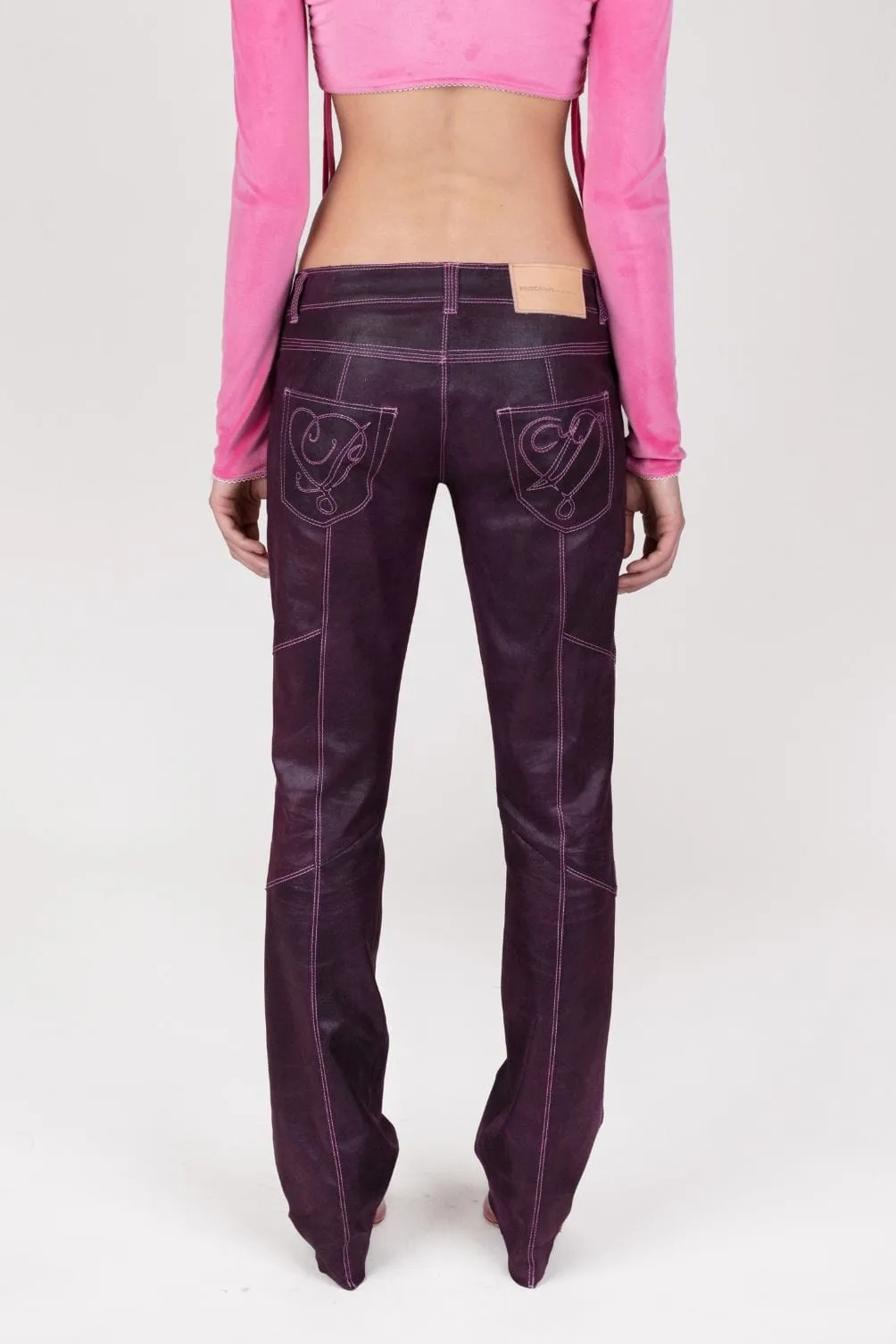 Plum Paneled Leather Stretch Leather Pants