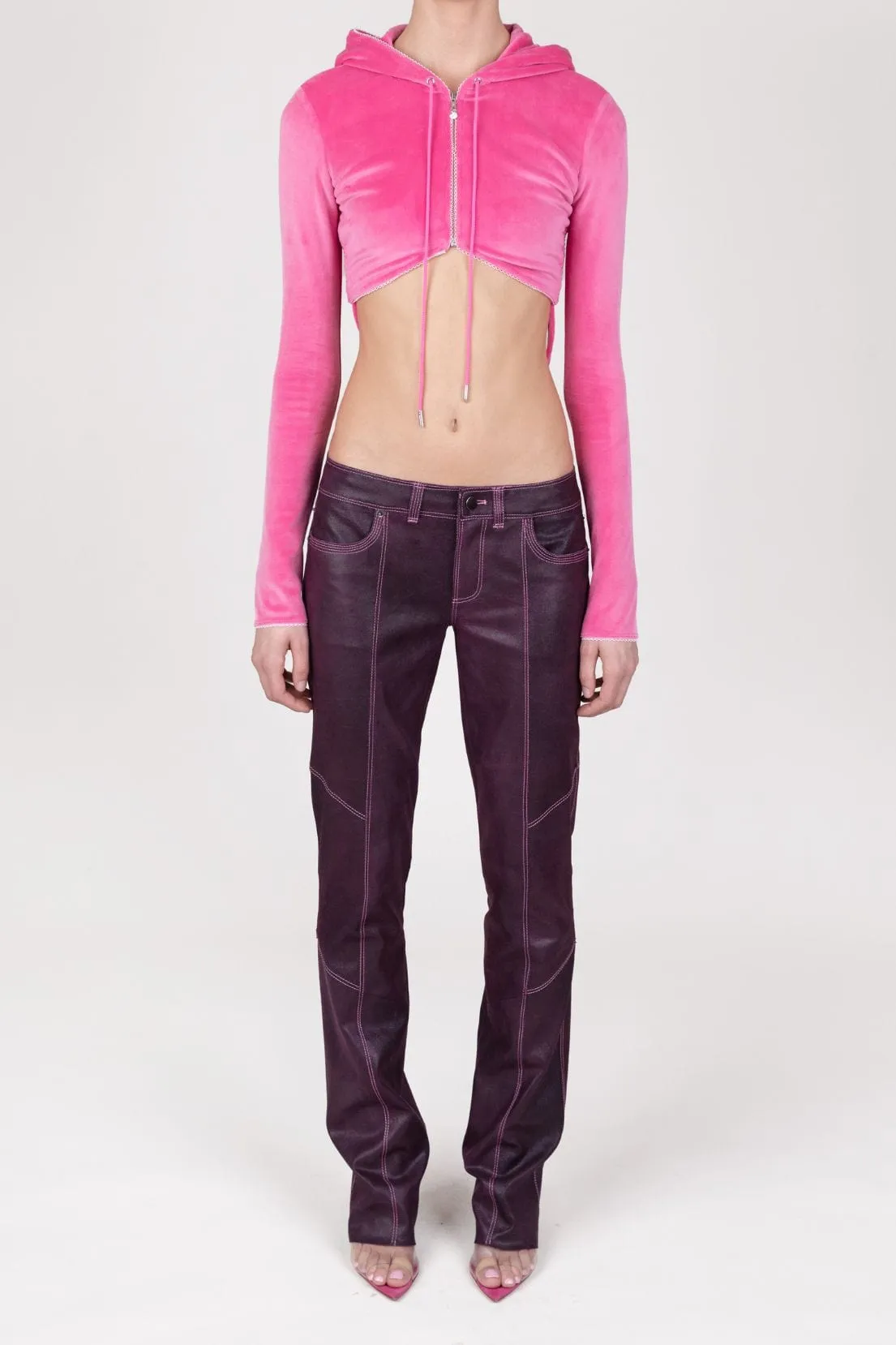 Plum Paneled Leather Stretch Leather Pants