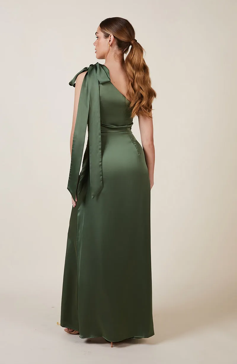 Porto Dress in Olive Green Satin