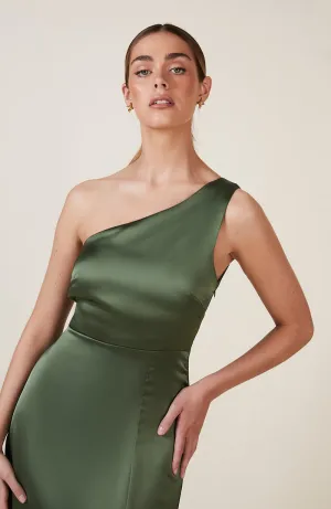 Porto Dress in Olive Green Satin
