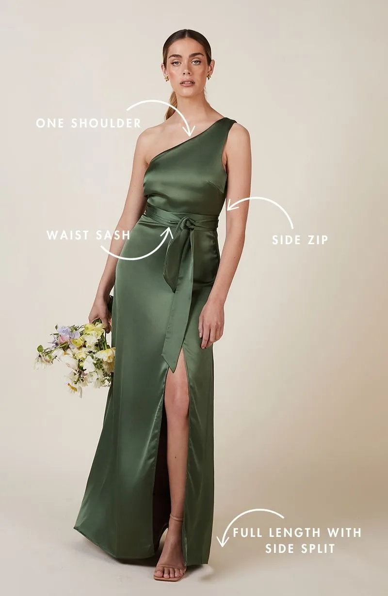 Porto Dress in Olive Green Satin